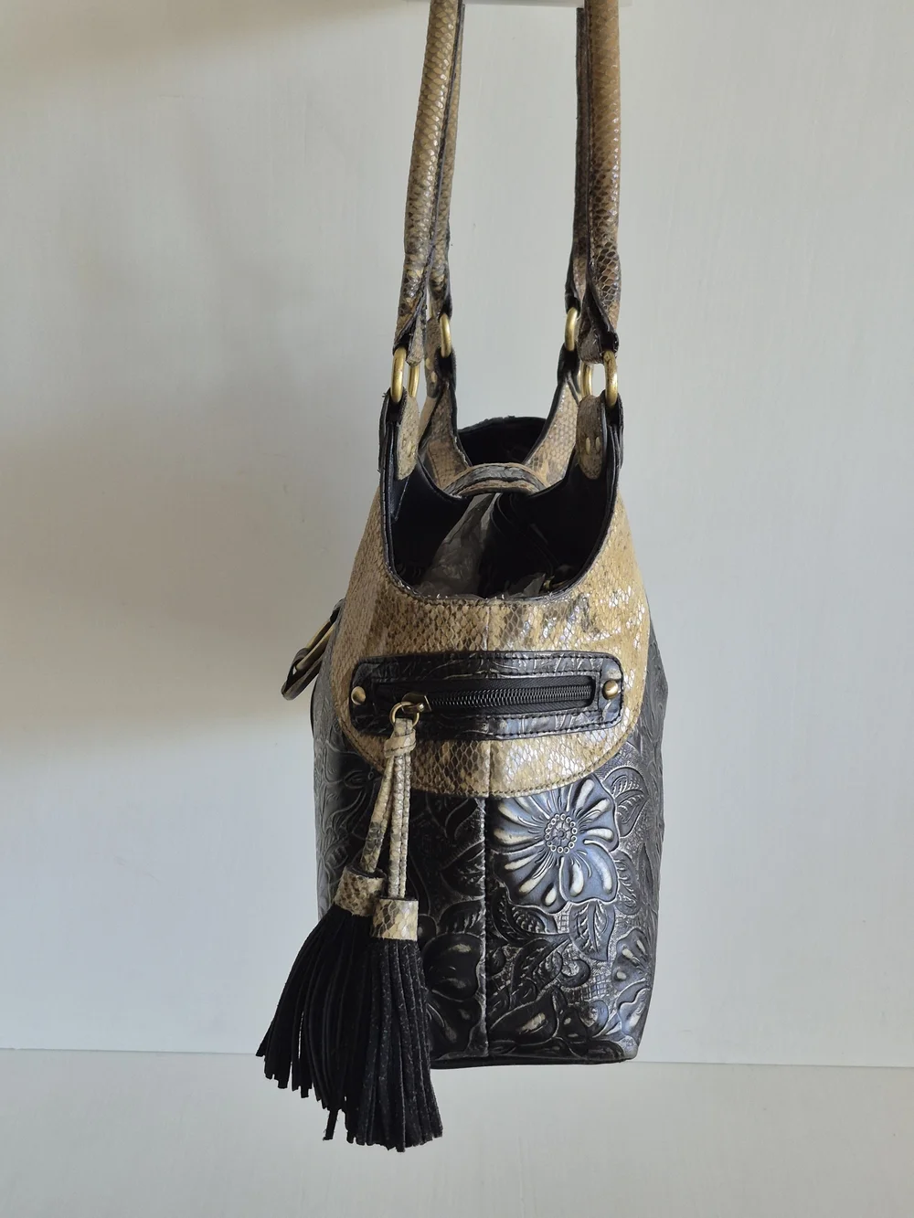 Original by Sharif 1827 Snakeskin Embossed Floral Design Large Hobo Shoulder Bag